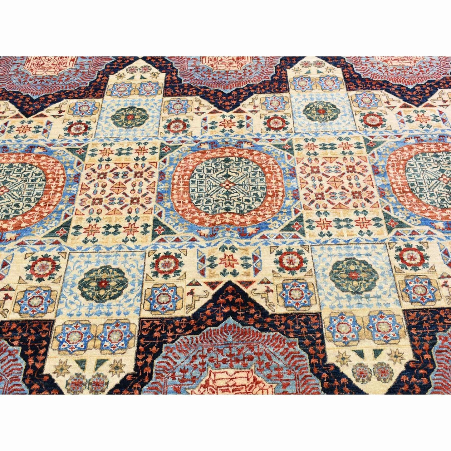 10'X13'9" Blue Hand Knotted Mamluk Repetitive Design Wool Oriental Rug