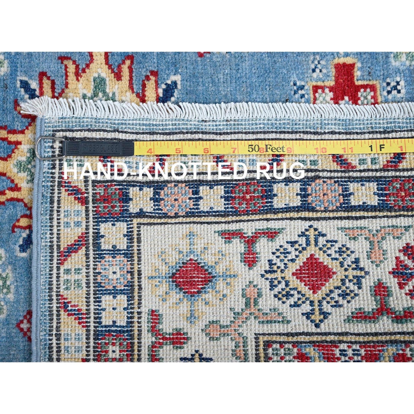 4'X13' Blue Kazak With Geometric Design Hand Knotted Soft Wool Runner Rug
