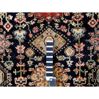 4'2"X6' Black With Red Karajeh Design Hand Knotted Wool Oriental Rug