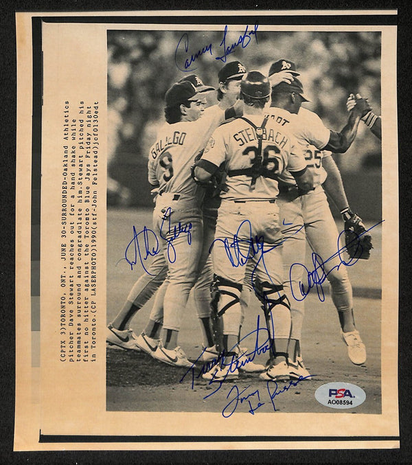 Stewart No-Hitter Multi-Signed 1990 A's Photo (6) - PSA 196034