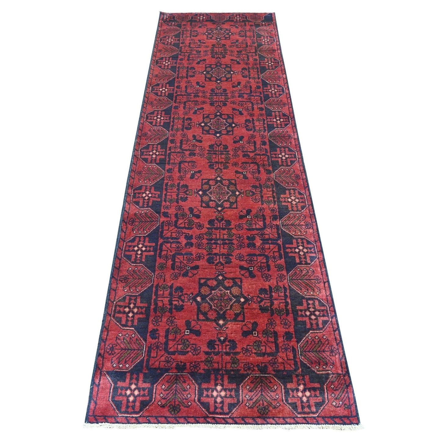 2'8"X9'3" Red Afghan Andkhoy Tribal Design Wool Hand Knotted Runner Rug
