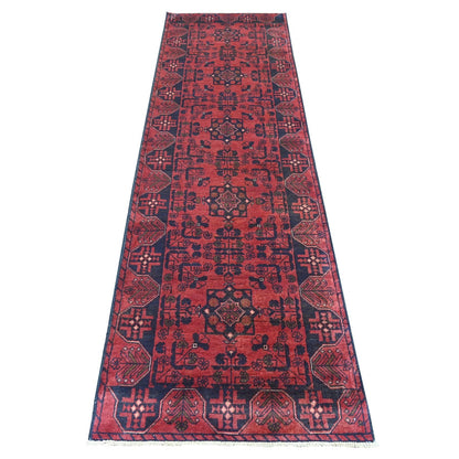 2'8"X9'3" Red Afghan Andkhoy Tribal Design Wool Hand Knotted Runner Rug