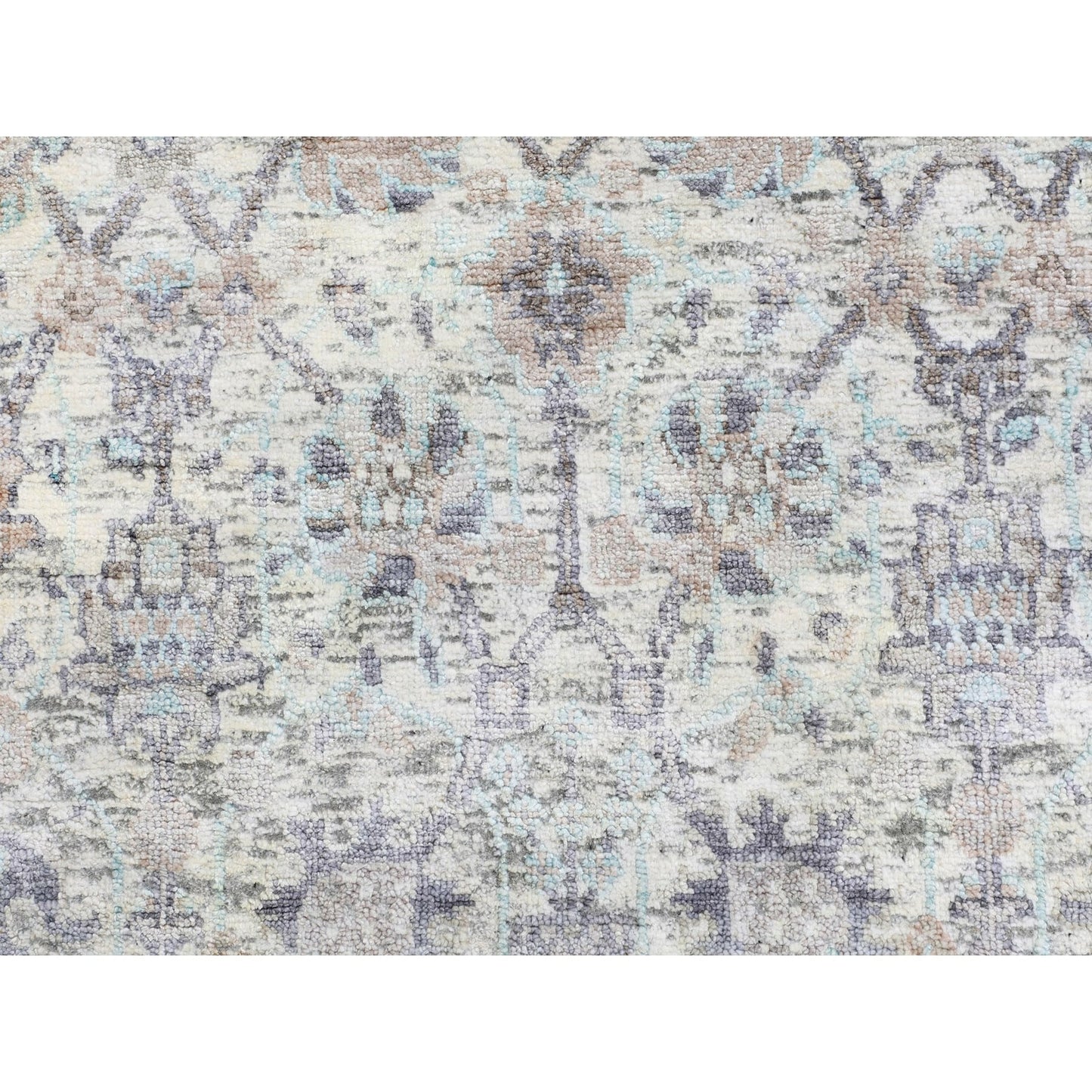 2'5"X12' Ivory Silk With Textured Tebraz Design Runner Hand Knotted Rug