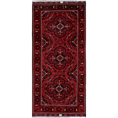 2'7"X5'2" Red Afghan Khamyab Tribal Design Hand Knotted All Wool Runner Rug