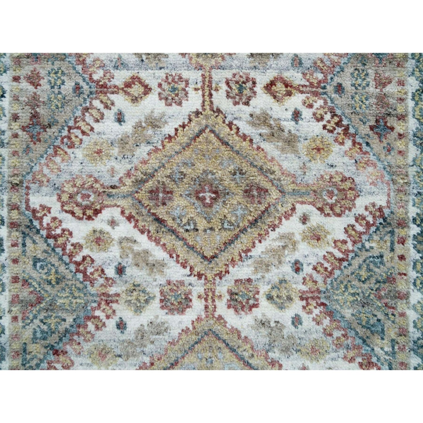 2'7"X8' White Hand Knotted Unique Flower Border Runner Oriental Rug