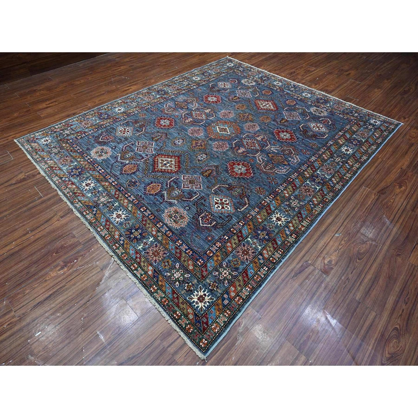 8'X9'6" Slate Gray Hand Knotted Geometric Super Kazak Wool Oriental Rug