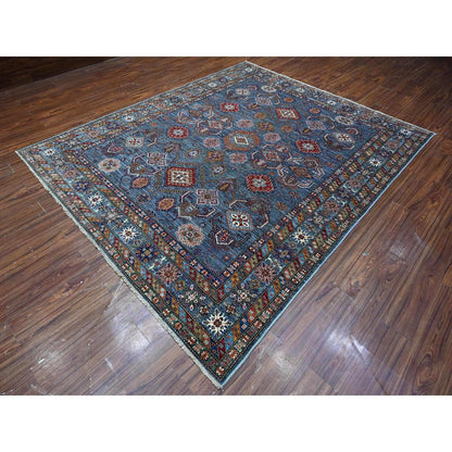 8'X9'6" Slate Gray Hand Knotted Geometric Super Kazak Wool Oriental Rug