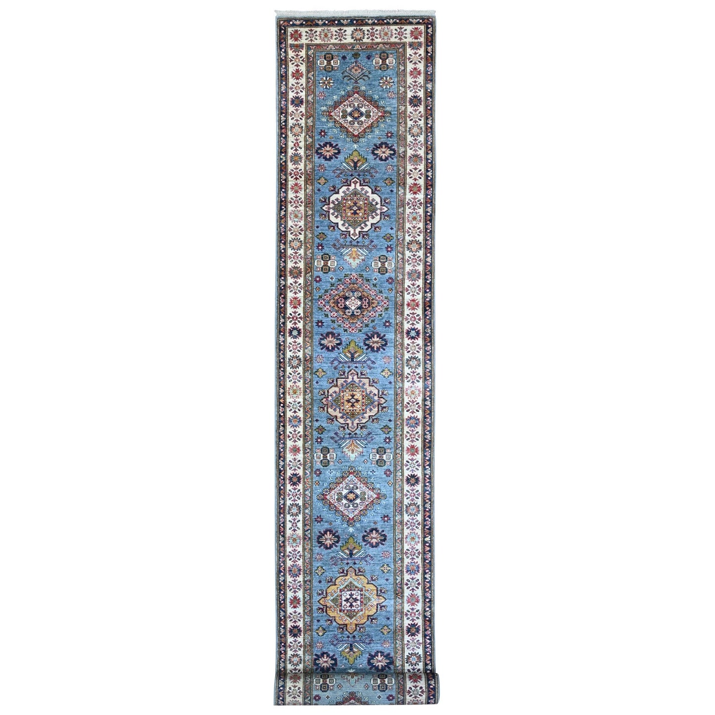 2'7"X19'6" Dodger Blue Super Kazak Hand Knotted Geometric Xl Runner Rug