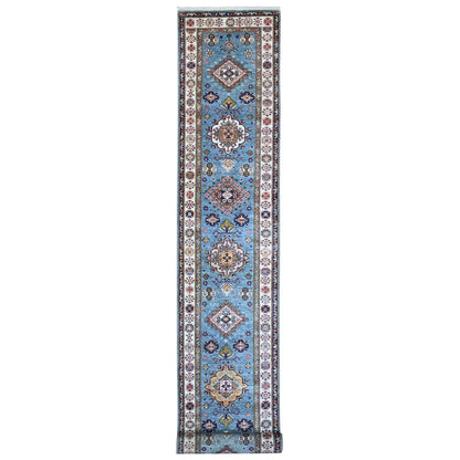 2'7"X19'6" Dodger Blue Super Kazak Hand Knotted Geometric Xl Runner Rug