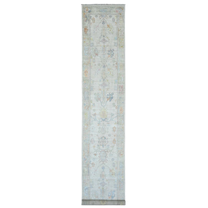 2'8"X15'7" White Angora Ushak Leaf Design Wool Hand Knotted Runner Rug