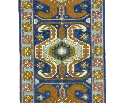 Navy Blue Geometric Tribal Kazak Rug Wool