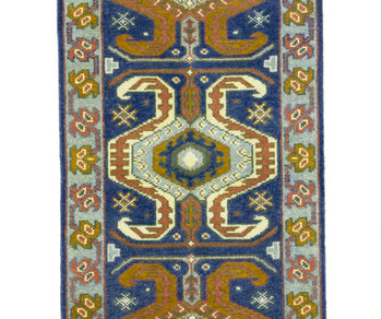 Navy Blue Geometric Tribal Kazak Rug Wool