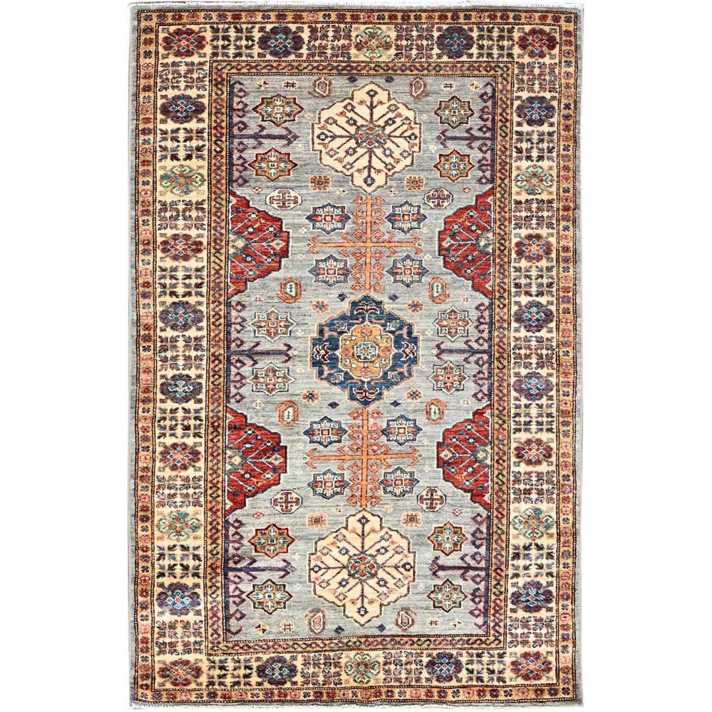 4'X6' Dolphin Gray Afghan Super Kazak Geometric Elements Oriental Rug