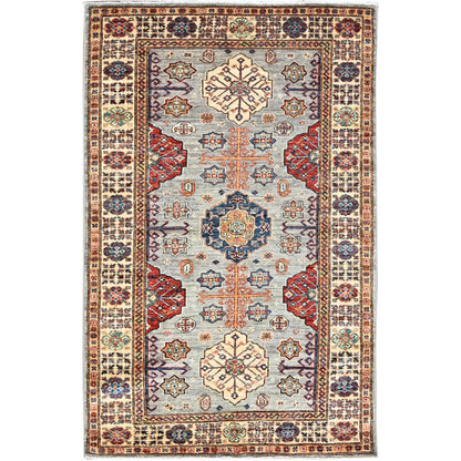 4'X6' Dolphin Gray Afghan Super Kazak Geometric Elements Oriental Rug