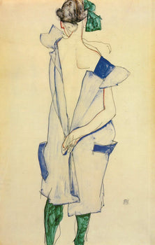 x EGON SCHIELE Girl Standing in Blue Dress and Green Stockings Back View 39.5