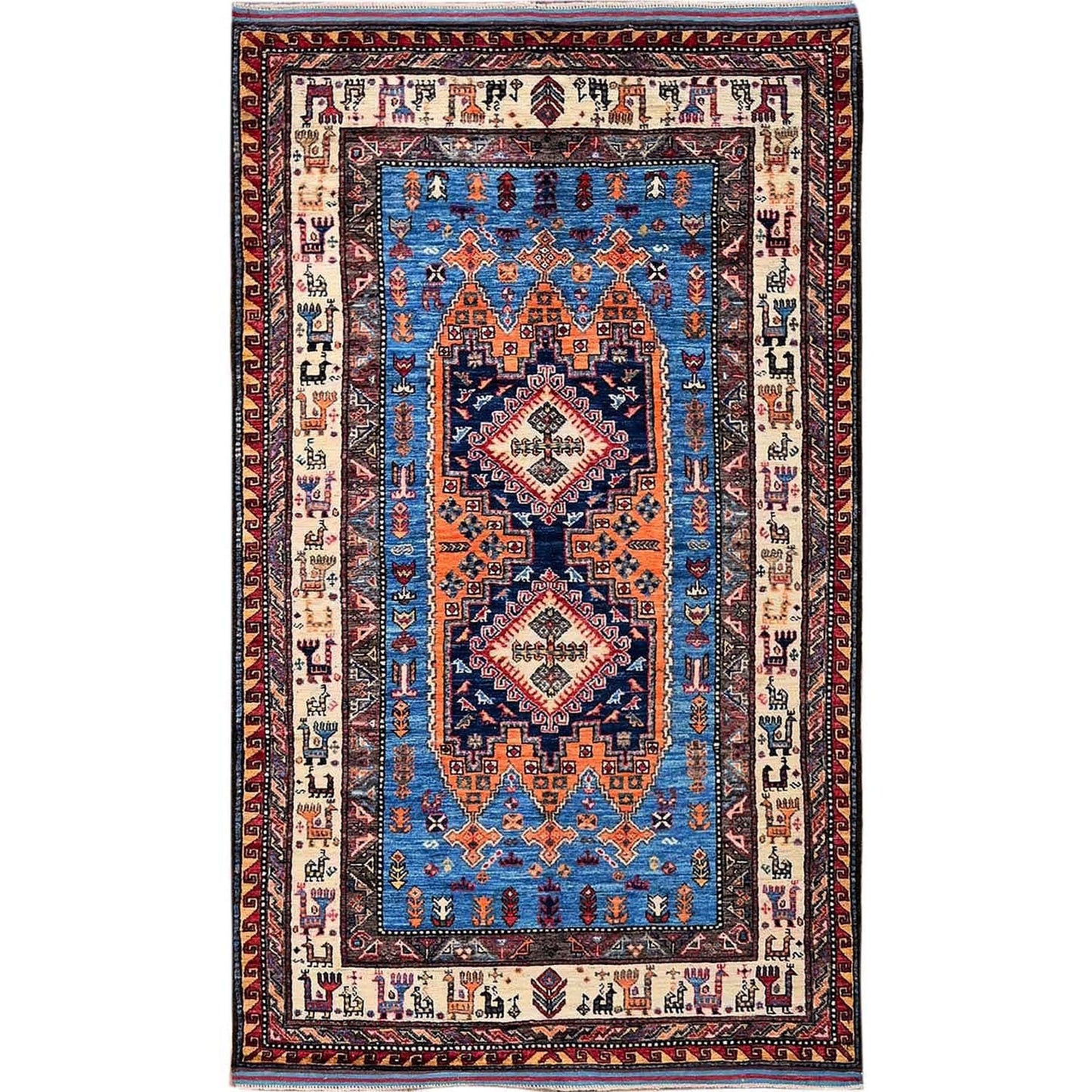 4'X6'4" Blue Afghan Ersari Caucasian Design Revival Hand Knotted Wool Rug
