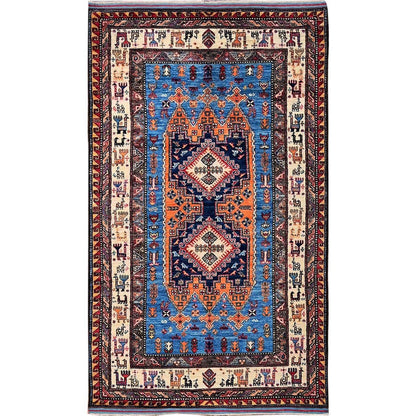 4'X6'4" Blue Afghan Ersari Caucasian Design Revival Hand Knotted Wool Rug