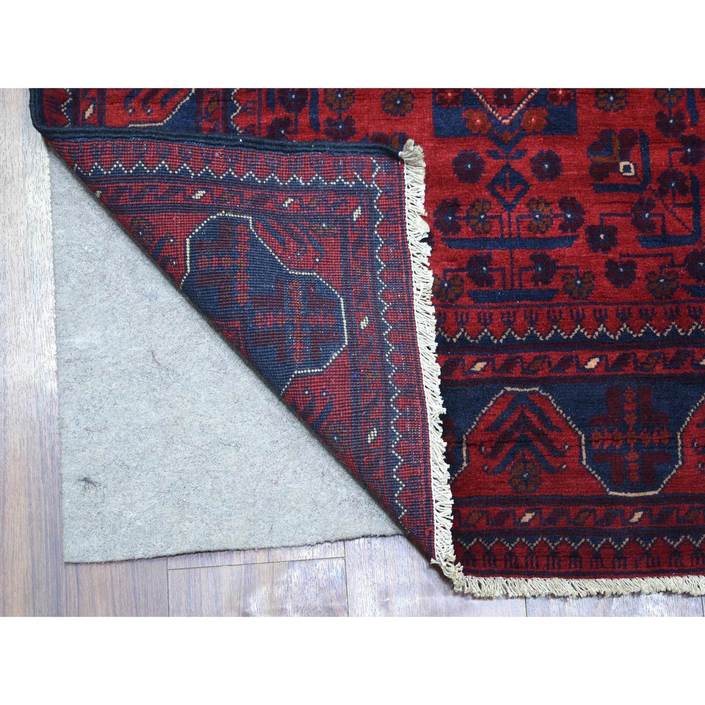 2'10"X12'8" Deep Red Afghan Khamyab Pure Wool Hand Knotted Runner Rug