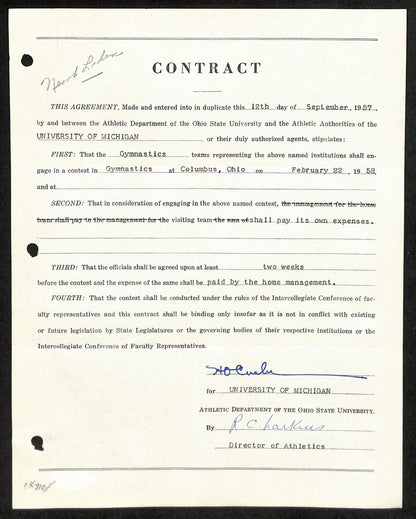 Fritz Crisler Cfb Hof Signed 1957 Contract University Of Michigan Jsa 185593