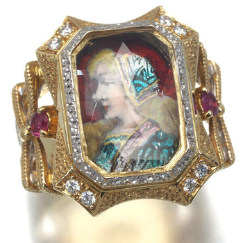 Kaji Mitsuo Ring Diamond 0.09Ct Quartz Ruby Emailles Us7 18K Yg/Wg
