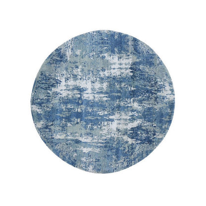 6'2"X6'2" Round Abstract Design Wool And Pure Silk Hand Knotted Blue Rug