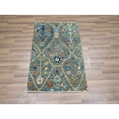 2'X3' Green Hand Knotted Wool Rug Trellis Borderless Garden Design Mat