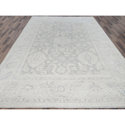 8'9"X11'10" Gray White Wash Peshawar Leaf Design Hand Knotted Pure Wool Rug