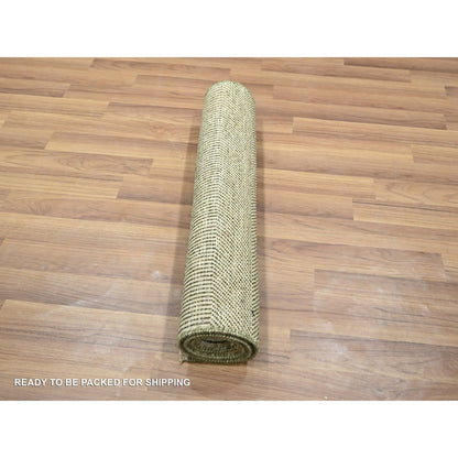 2'X3' Beige Modern Grass Design Hand Knotted Wool And Silk Mat Sample Rug