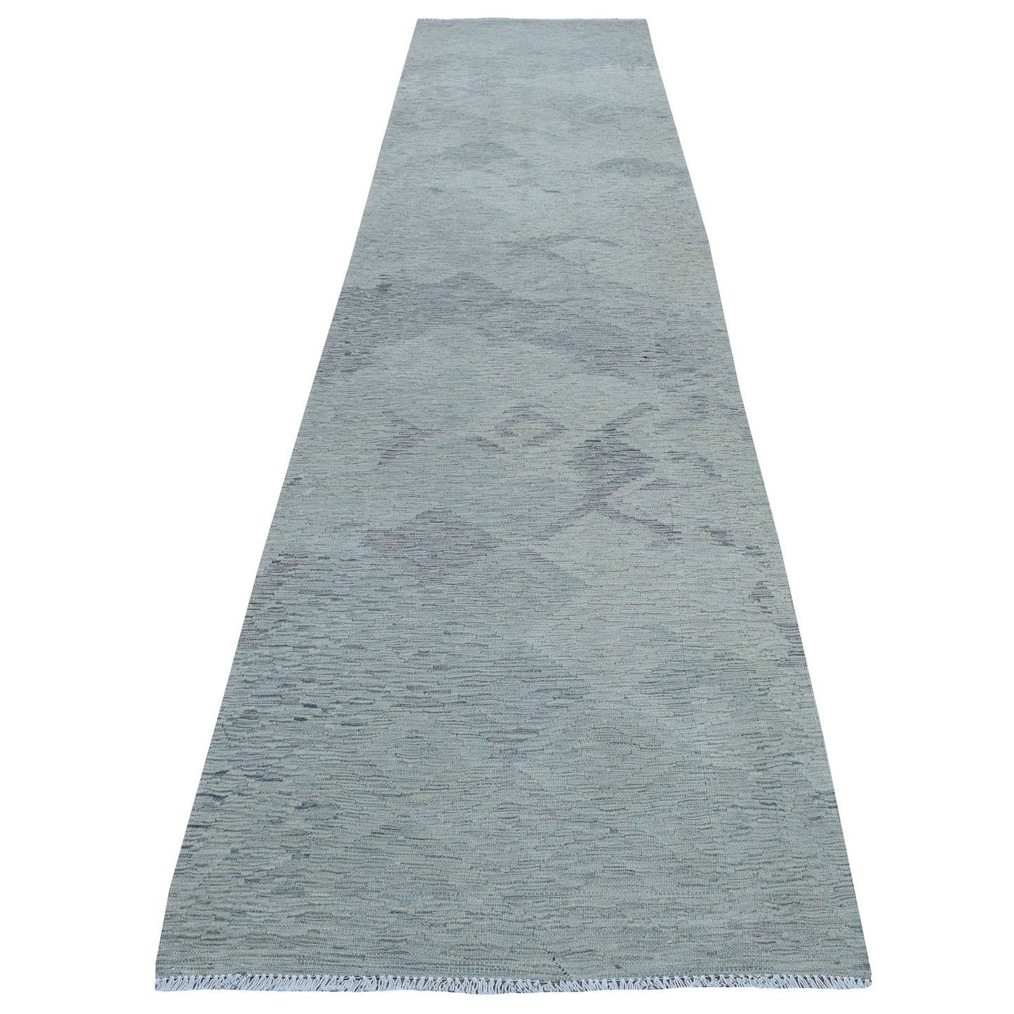 3'1"X14' Gray Shades Flat Weave Kilim Pure Wool Hand Woven Runner Rug