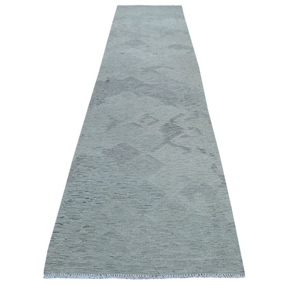 3'1"X14' Gray Shades Flat Weave Kilim Pure Wool Hand Woven Runner Rug