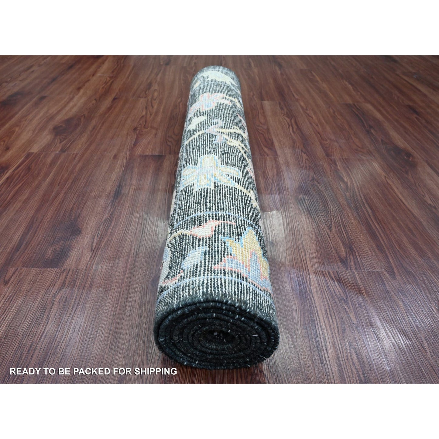 3'3"X11'6" Black Angora Oushak Leaf Design Hand Knotted Wool Runner Rug