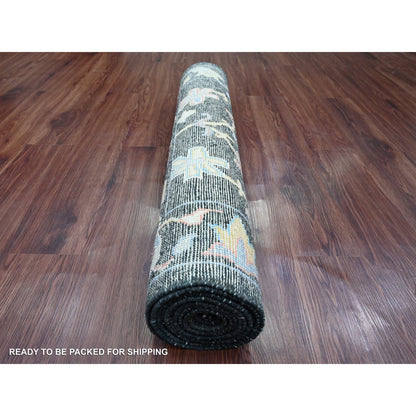 3'3"X11'6" Black Angora Oushak Leaf Design Hand Knotted Wool Runner Rug
