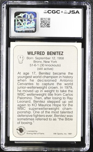 1991 All World Wilfred Benitez Cgc X Jsa Auth Signed/Auto Boxing Card Ba202220