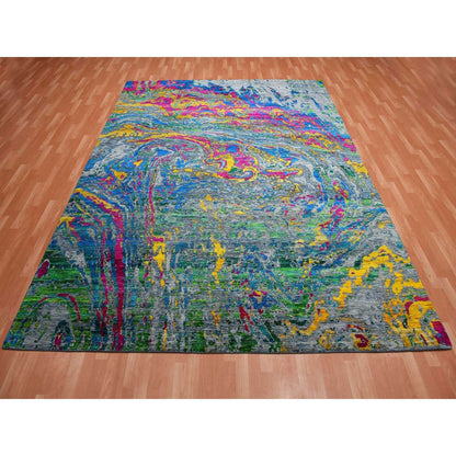 9'X11'9" Gray Lava Design Sari Silk With Wool Hand Knotted Rug