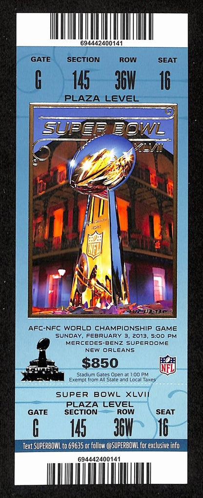 2013 Super Bowl Xlvii 47 Full Unused Mint Authentic Ticket Ravens Vs 49Ers 98878