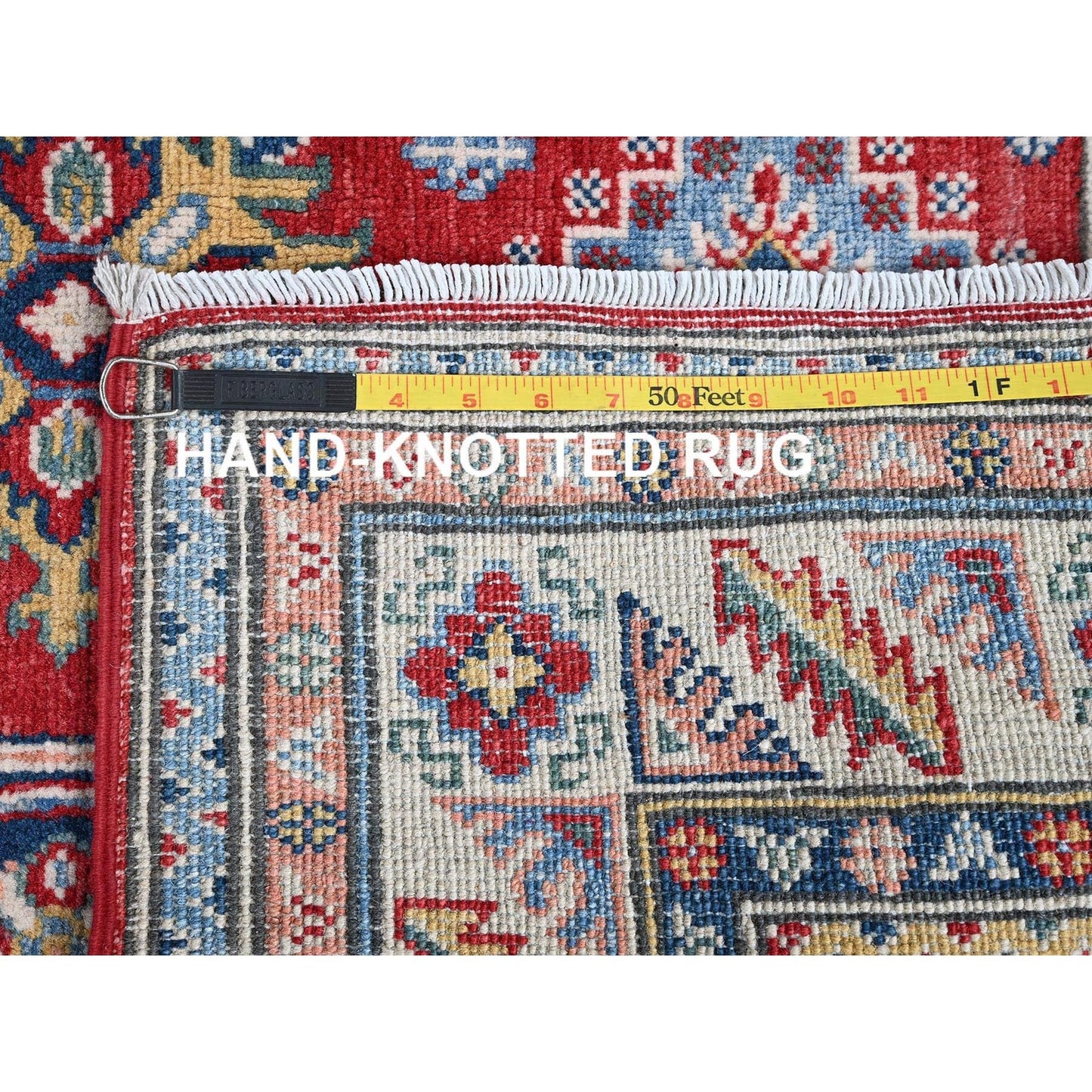 4'X6' Red Kazak With Geometric Medallions Design Soft Wool Hand Knotted Rug