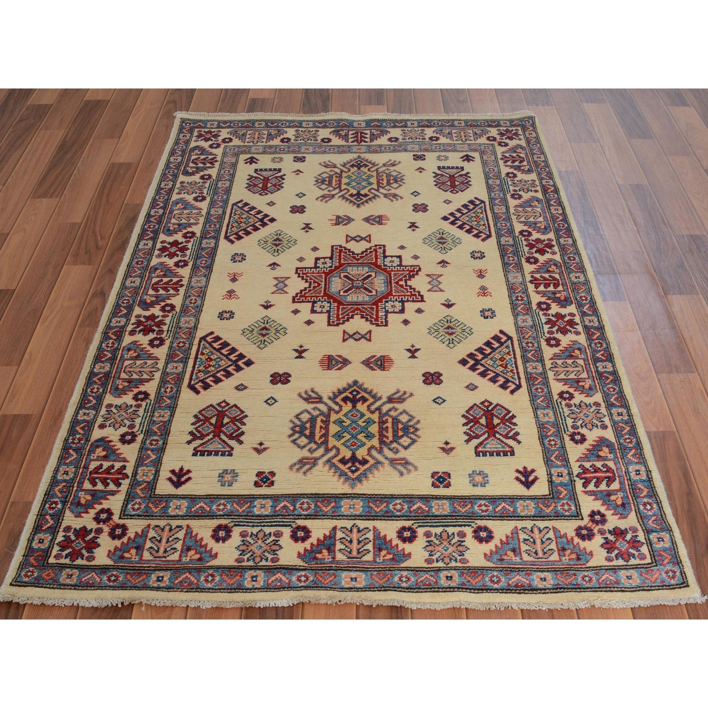 3'10"X6' Ivory Special Kazak Geometric Design Pure Wool Hand Knotted Rug