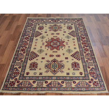 3'10"X6' Ivory Special Kazak Geometric Design Pure Wool Hand Knotted Rug