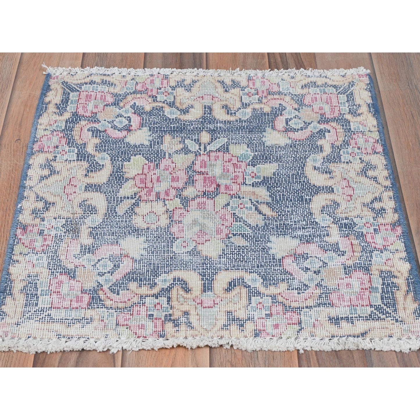1'7"X1'7" Blue Old Farsian Karman Worn Wool Hand Knotted Square Rug
