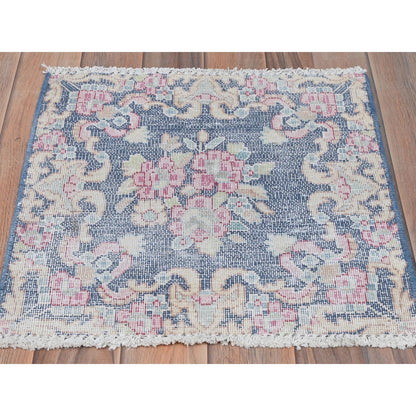 1'7"X1'7" Blue Old Farsian Karman Worn Wool Hand Knotted Square Rug