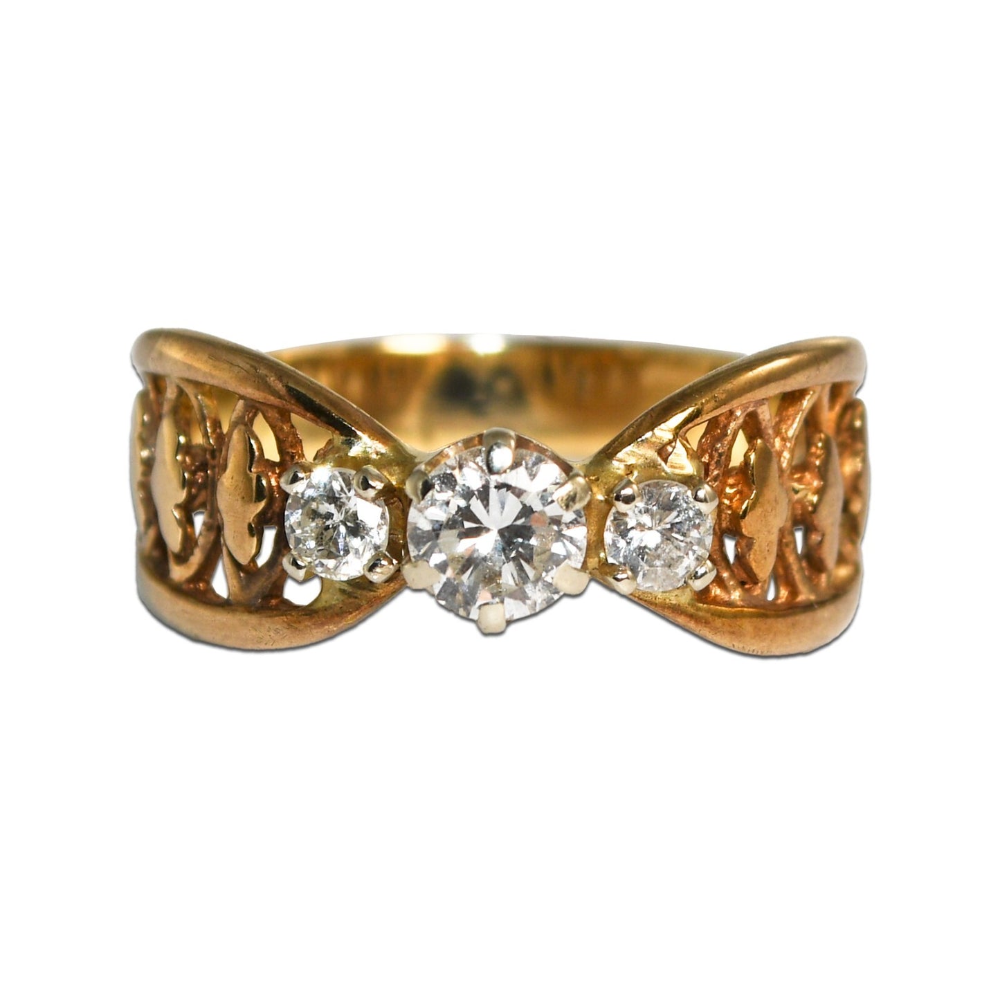 Three Diamond Ring Fancy Shank 14K Yellow Gold