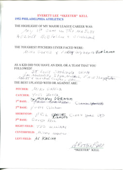 Skeeter Kell Autographed Hand Filled Out Survey Page