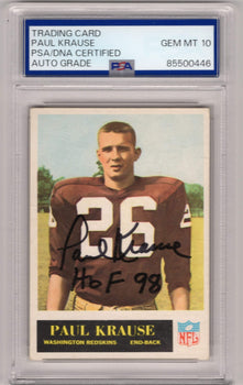 Paul Krause Topps #117 Autographed Card Psa Auto Grade Gem Mt 10