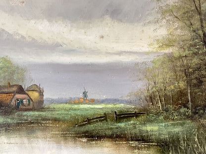 Framed Original Oil Painting European Landscape Windmill Signed Frederiks