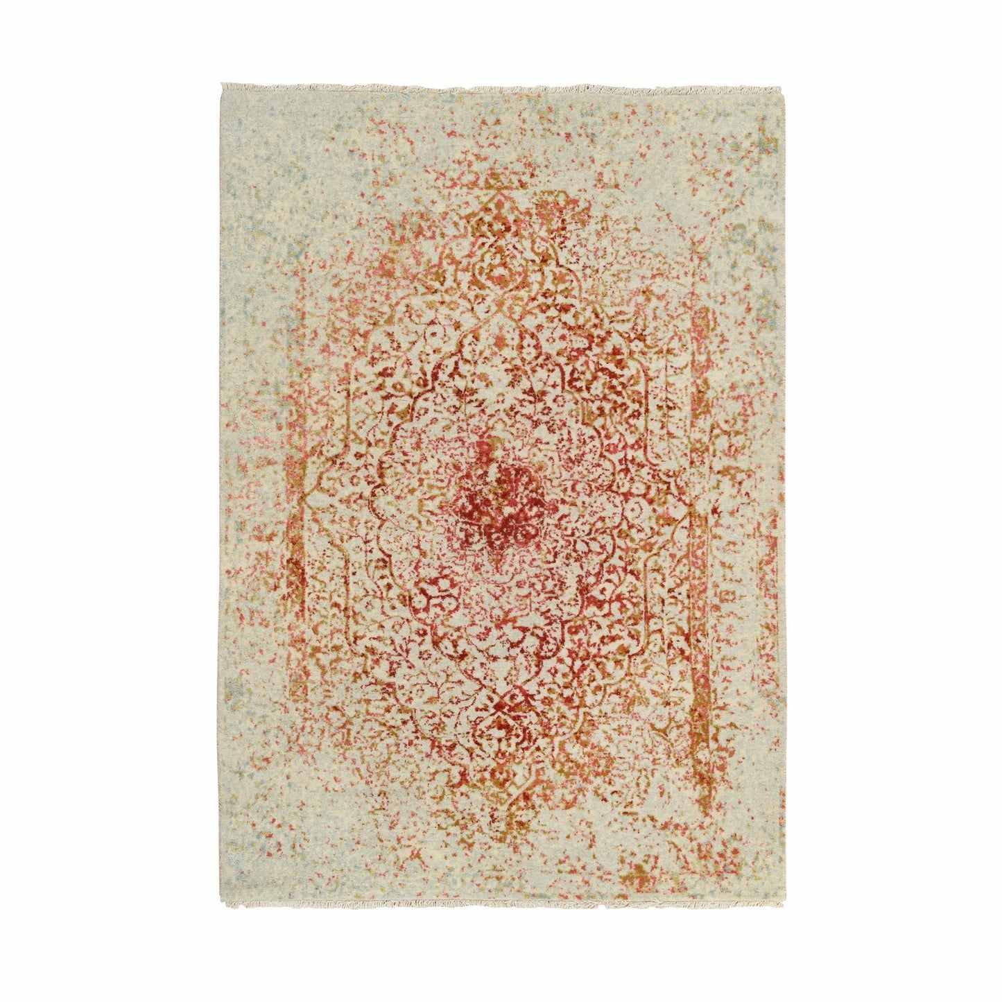 4'2"X6' Ivory Hand Knotted Farsian Erased Medallion Design Wool/Silk Rug