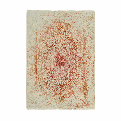 4'2"X6' Ivory Hand Knotted Farsian Erased Medallion Design Wool/Silk Rug