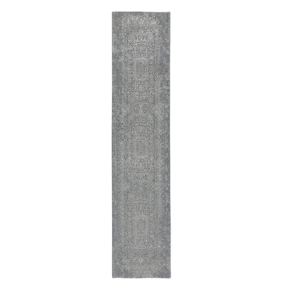 2'5"X12'2" Gray Fine Jacquard Hand Loomed Runner Wool And Art Silk Rug