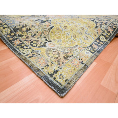 9'1"X11'9" Yellow Repetitive Emblem Design Hand Knotted Wool Oriental Rug