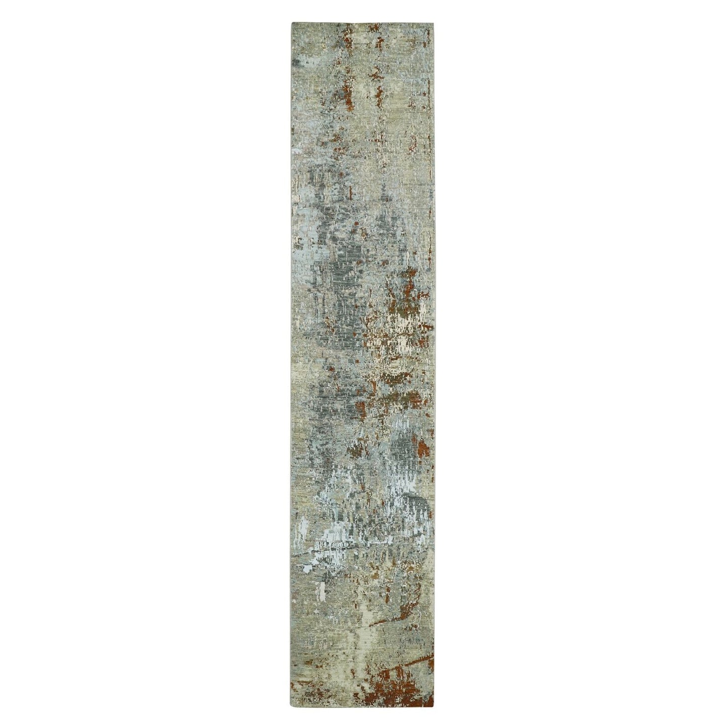 2'7"X12'6" Gray-Beige Abstract Design 100% Wool Hand Knotted Runner Rug