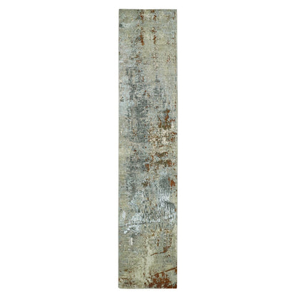 2'7"X12'6" Gray-Beige Abstract Design 100% Wool Hand Knotted Runner Rug